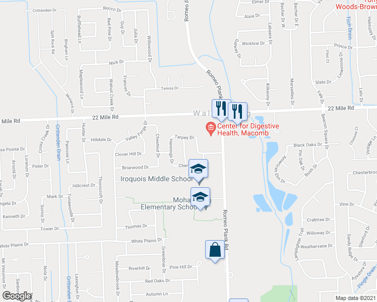 map of restaurants, bars, coffee shops, grocery stores, and more near 48656 Marberry Drive in Macomb