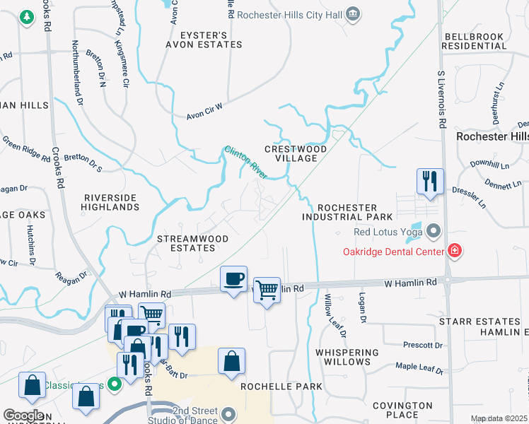map of restaurants, bars, coffee shops, grocery stores, and more near 1503 Streamwood Court in Rochester Hills