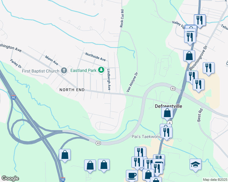 map of restaurants, bars, coffee shops, grocery stores, and more near 1719 Washington Avenue in Rensselaer