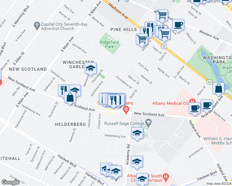 map of restaurants, bars, coffee shops, grocery stores, and more near 94 Woodlawn Avenue in Albany