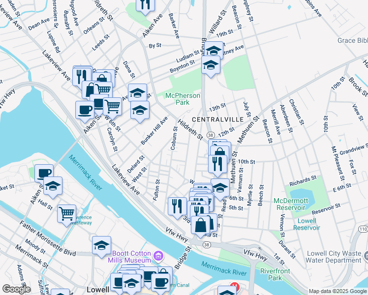 map of restaurants, bars, coffee shops, grocery stores, and more near 173 Coburn Street in Lowell
