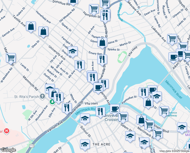 map of restaurants, bars, coffee shops, grocery stores, and more near 5 Phebe Avenue in Lowell