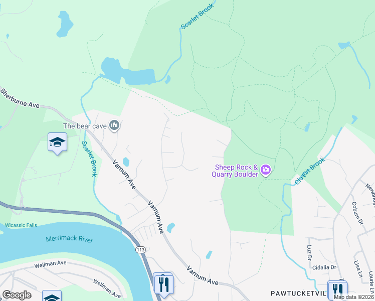 map of restaurants, bars, coffee shops, grocery stores, and more near 95 Charant Road in Lowell