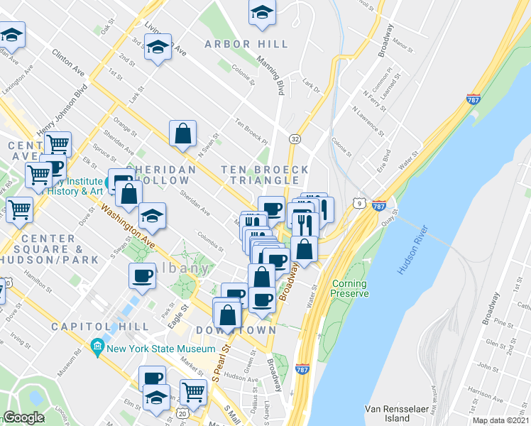 map of restaurants, bars, coffee shops, grocery stores, and more near 15 Ten Broeck Street in Albany