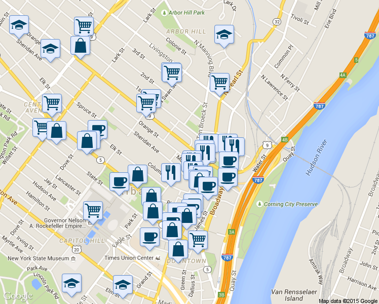 map of restaurants, bars, coffee shops, grocery stores, and more near in Albany