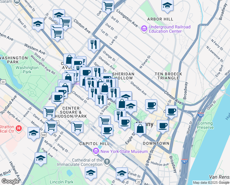 map of restaurants, bars, coffee shops, grocery stores, and more near 77 Elk Street in Albany