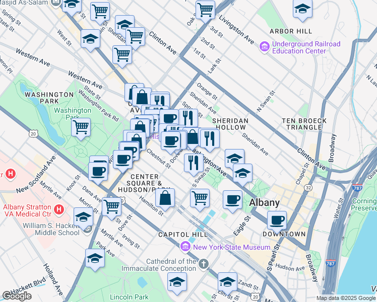map of restaurants, bars, coffee shops, grocery stores, and more near 150 New York 5 in Albany