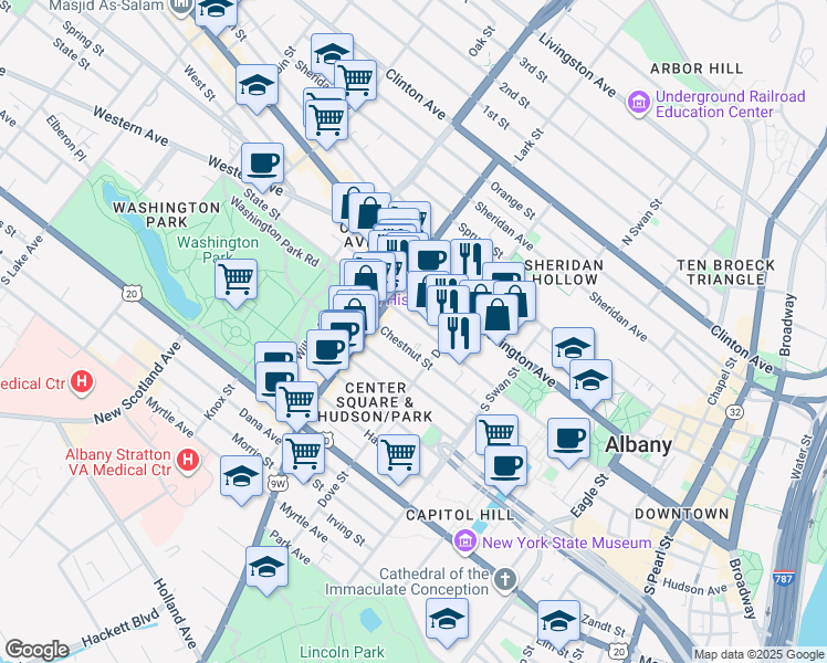 map of restaurants, bars, coffee shops, grocery stores, and more near 18 Spring Street in Albany