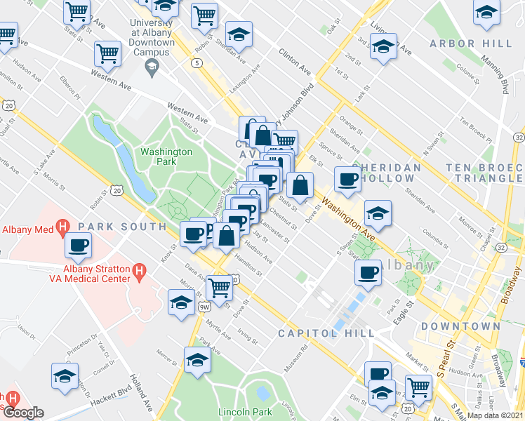 map of restaurants, bars, coffee shops, grocery stores, and more near 235 Lark Street in Albany