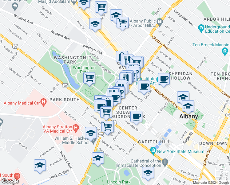 map of restaurants, bars, coffee shops, grocery stores, and more near 285 Lancaster Street in Albany