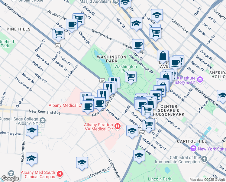 map of restaurants, bars, coffee shops, grocery stores, and more near 584 U.S. 20 in Albany