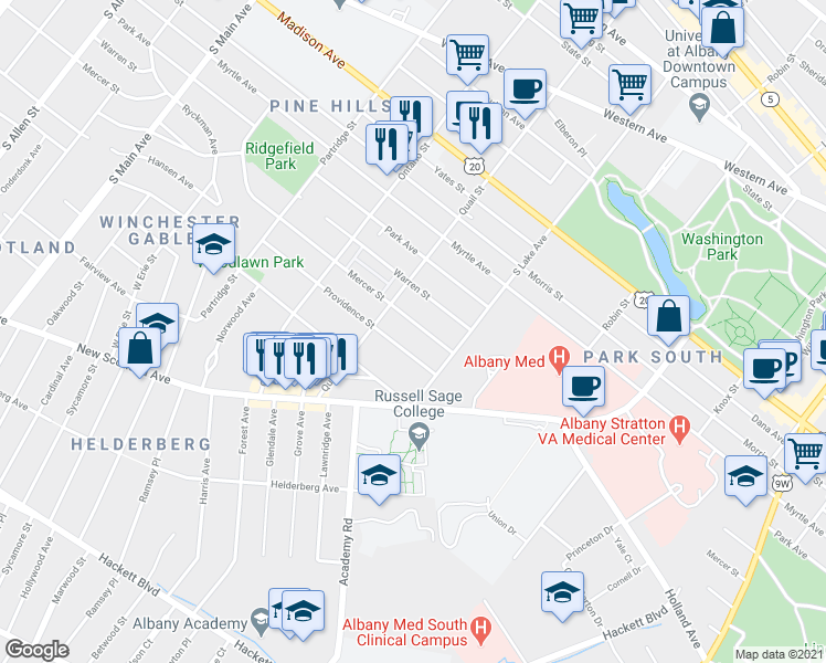 map of restaurants, bars, coffee shops, grocery stores, and more near 362 Quail Street in Albany