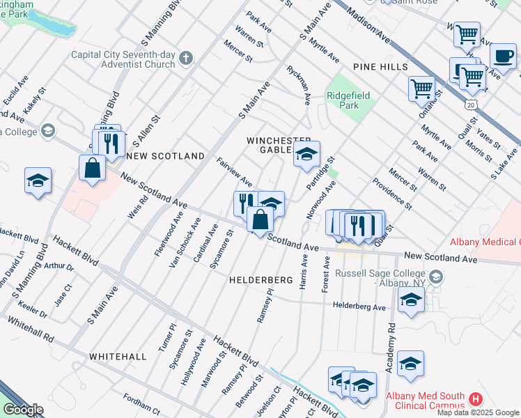 map of restaurants, bars, coffee shops, grocery stores, and more near 15 West Erie Street in Albany