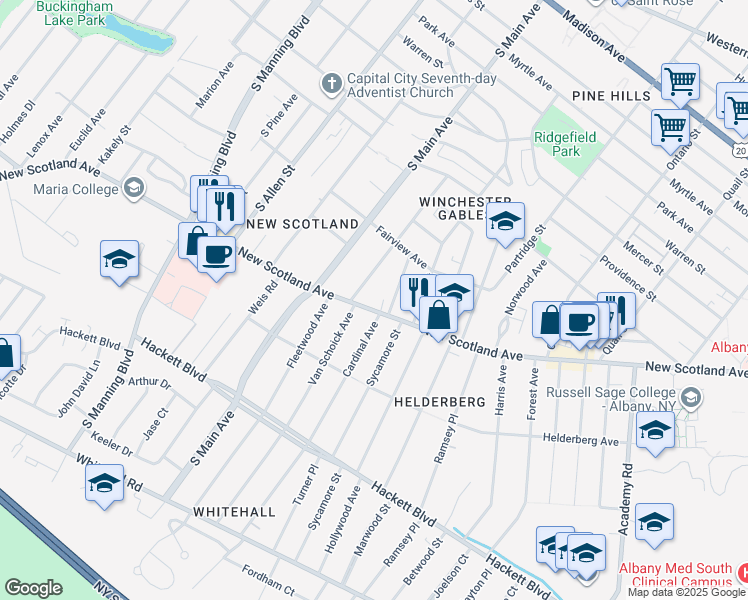 map of restaurants, bars, coffee shops, grocery stores, and more near 455 New Scotland Avenue in Albany