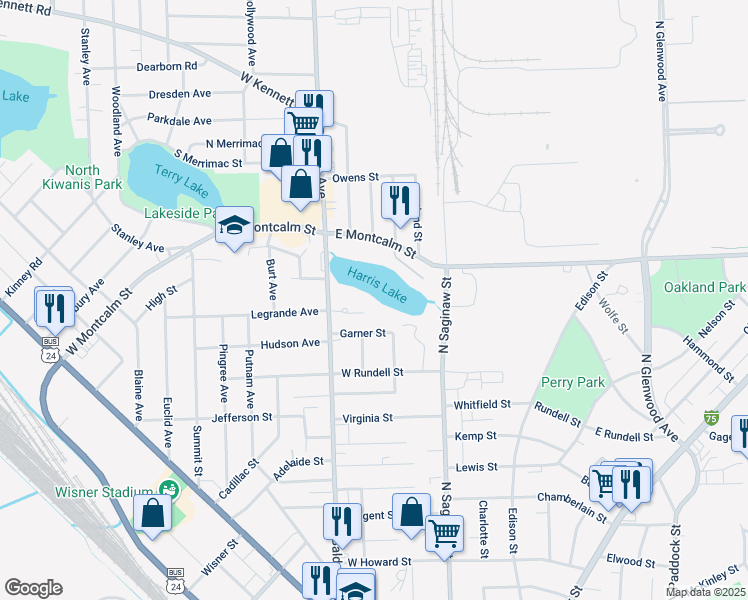 map of restaurants, bars, coffee shops, grocery stores, and more near 370 Baldwin Avenue in Pontiac