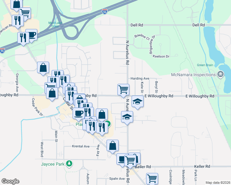 map of restaurants, bars, coffee shops, grocery stores, and more near 1921 East Willoughby Road in Lansing