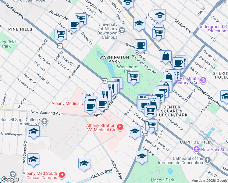 map of restaurants, bars, coffee shops, grocery stores, and more near 584 U.S. 20 in Albany
