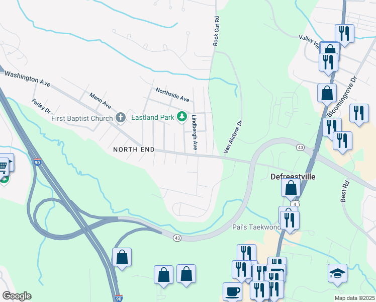 map of restaurants, bars, coffee shops, grocery stores, and more near 1603 Washington Avenue in Rensselaer