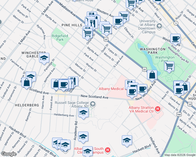 map of restaurants, bars, coffee shops, grocery stores, and more near 528 Warren Street in Albany