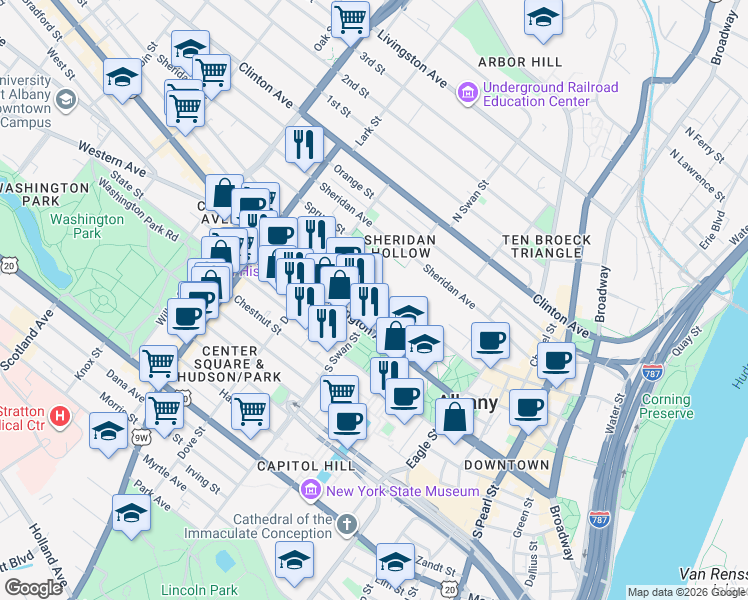 map of restaurants, bars, coffee shops, grocery stores, and more near 77 Elk Street in Albany