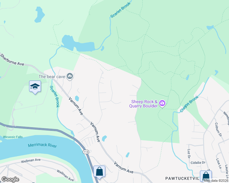 map of restaurants, bars, coffee shops, grocery stores, and more near 95 Charant Road in Lowell