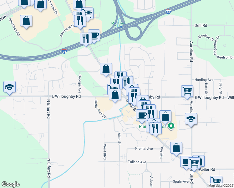 map of restaurants, bars, coffee shops, grocery stores, and more near 7050 South Cedar Street in Lansing