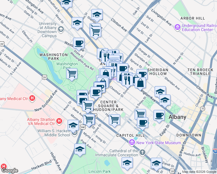 map of restaurants, bars, coffee shops, grocery stores, and more near 342 State Street in Albany
