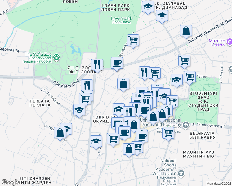map of restaurants, bars, coffee shops, grocery stores, and more near 11Б В ulitsa "21-vi vek" in Sofia