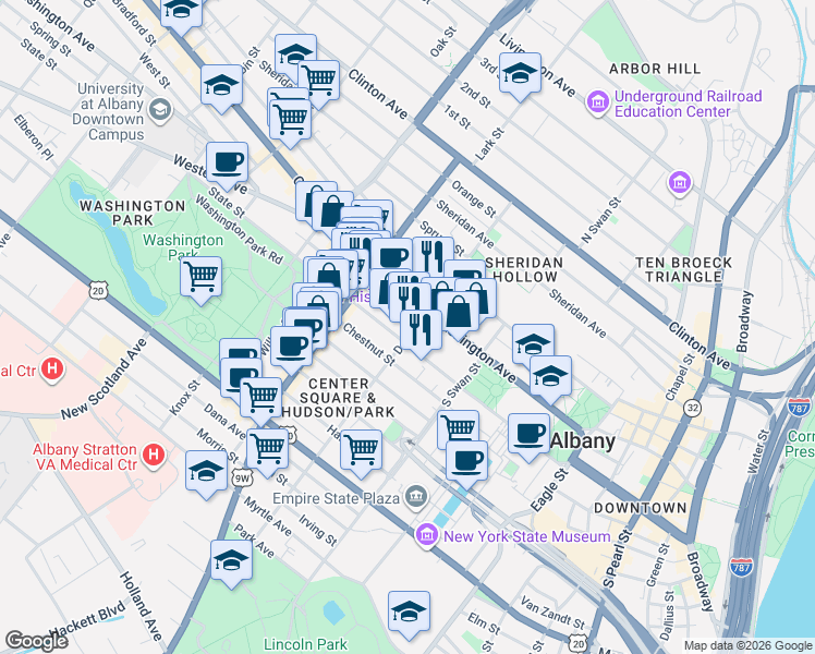map of restaurants, bars, coffee shops, grocery stores, and more near 18 Spring Street in Albany