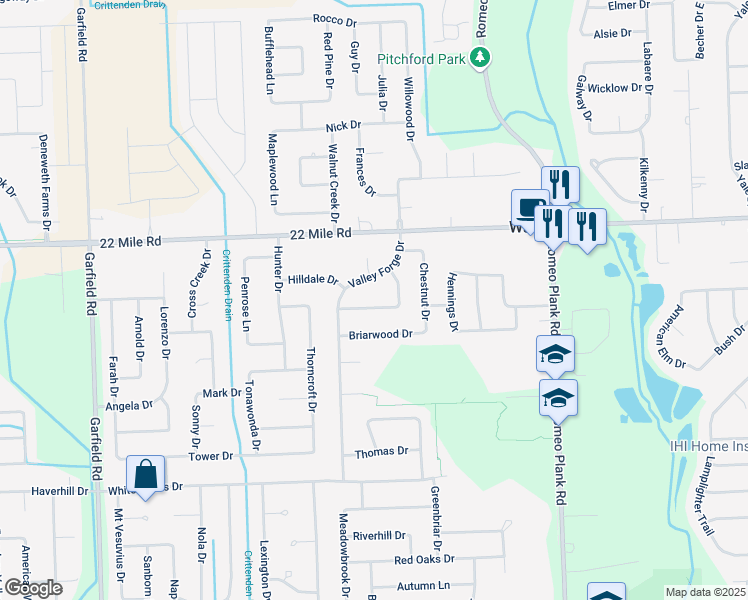 map of restaurants, bars, coffee shops, grocery stores, and more near 48748 Valley Forge Drive in Macomb