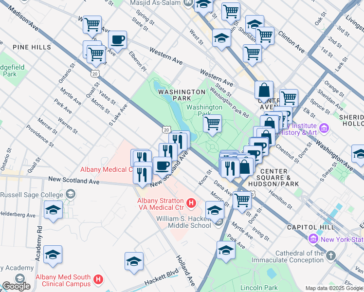 map of restaurants, bars, coffee shops, grocery stores, and more near 574 Madison Avenue in Albany