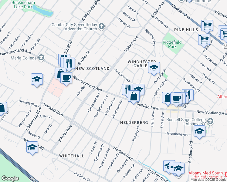 map of restaurants, bars, coffee shops, grocery stores, and more near 455 New Scotland Avenue in Albany