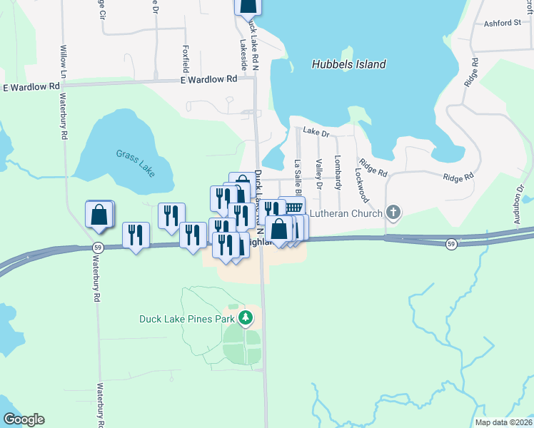 map of restaurants, bars, coffee shops, grocery stores, and more near 1630 Duck Lake Road North in Highland Charter Township