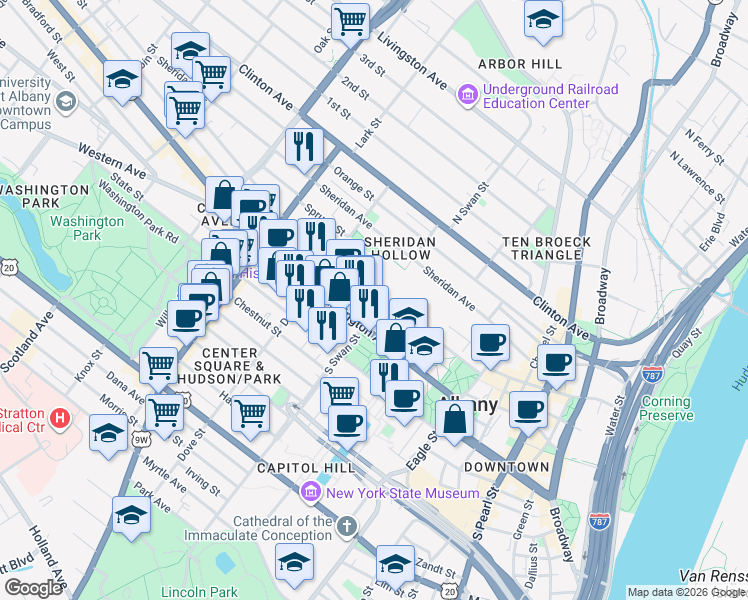 map of restaurants, bars, coffee shops, grocery stores, and more near 77 Elk Street in Albany