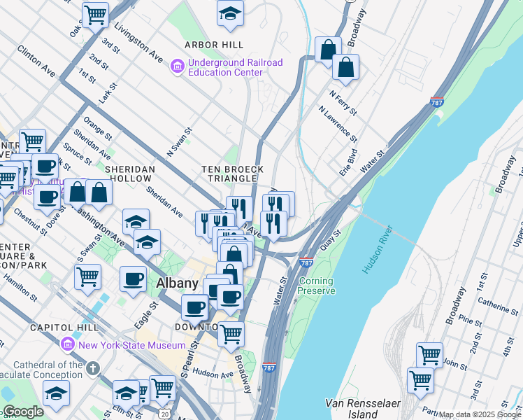 map of restaurants, bars, coffee shops, grocery stores, and more near 1 Clinton Avenue in Albany