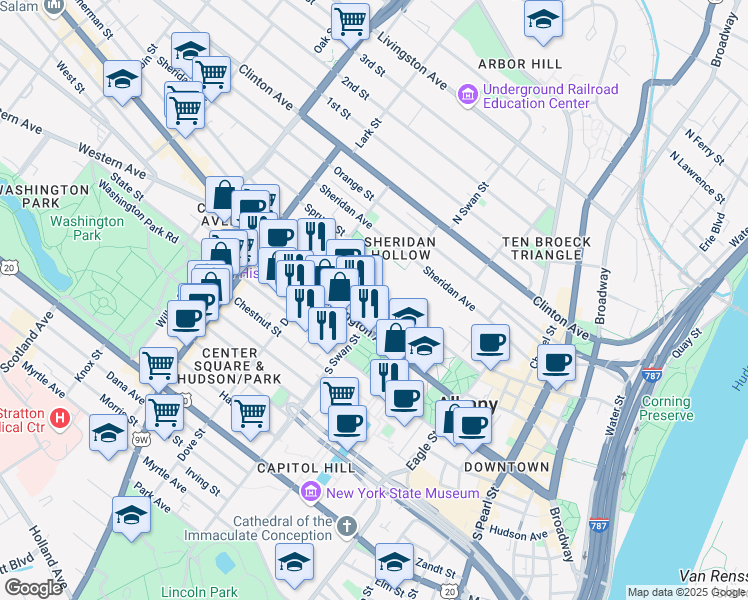 map of restaurants, bars, coffee shops, grocery stores, and more near 77 Elk Street in Albany