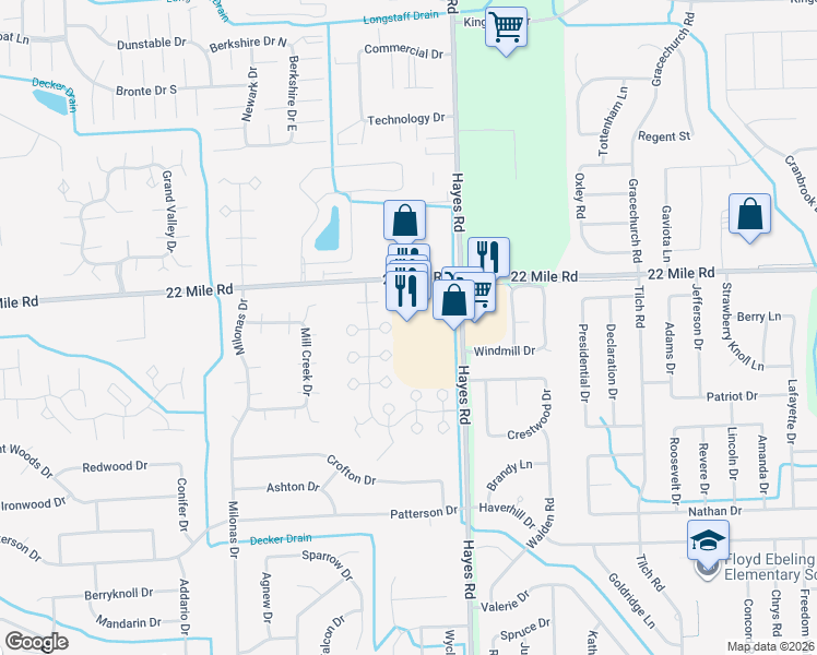 map of restaurants, bars, coffee shops, grocery stores, and more near 48901 Hayes Road in Shelby Township