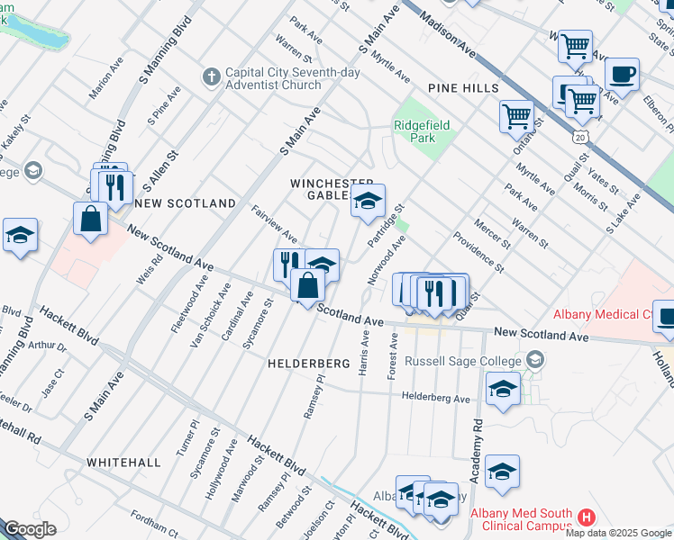 map of restaurants, bars, coffee shops, grocery stores, and more near 19 Glenwood Street in Albany