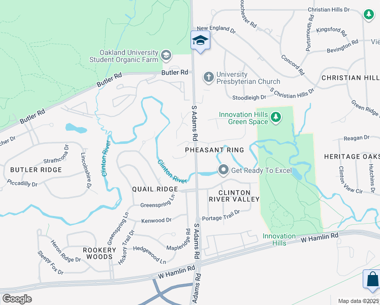 map of restaurants, bars, coffee shops, grocery stores, and more near 1663 Riverside Drive in Rochester Hills