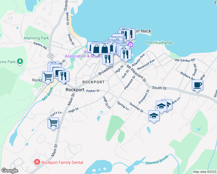 map of restaurants, bars, coffee shops, grocery stores, and more near 32 High Street in Rockport