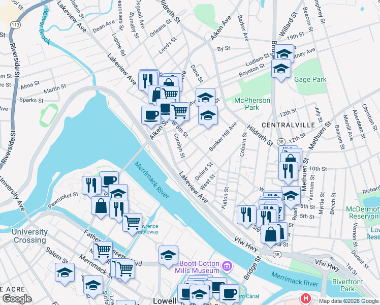 map of restaurants, bars, coffee shops, grocery stores, and more near 236 West 6th Street in Lowell