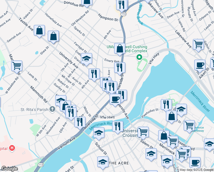 map of restaurants, bars, coffee shops, grocery stores, and more near 57 Woodcock Street in Lowell