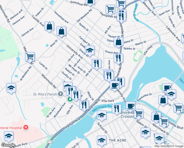 map of restaurants, bars, coffee shops, grocery stores, and more near 162 4th Avenue in Lowell