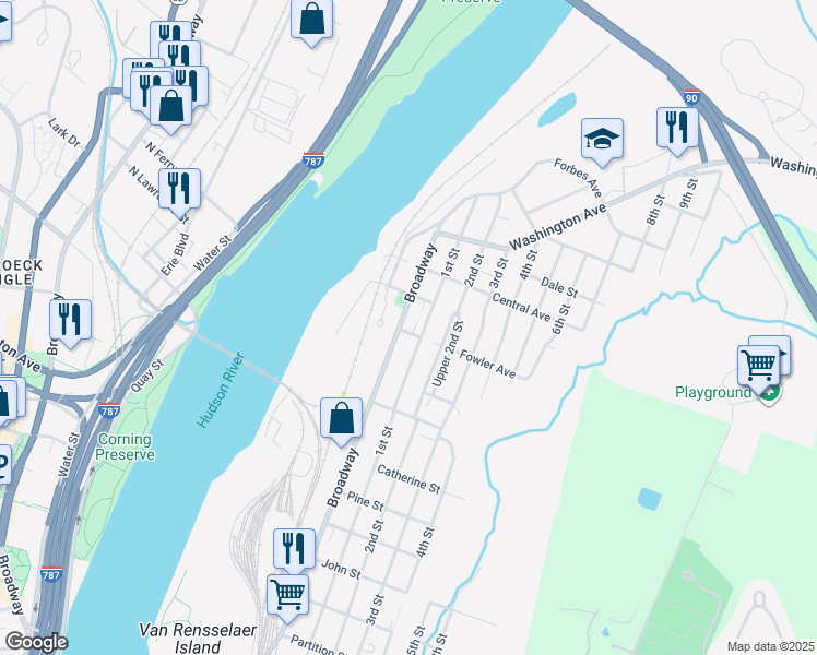 map of restaurants, bars, coffee shops, grocery stores, and more near 1511 Broadway in Rensselaer