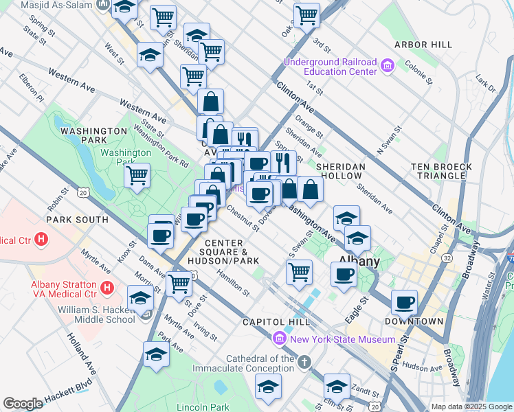 map of restaurants, bars, coffee shops, grocery stores, and more near 18 Spring Street in Albany