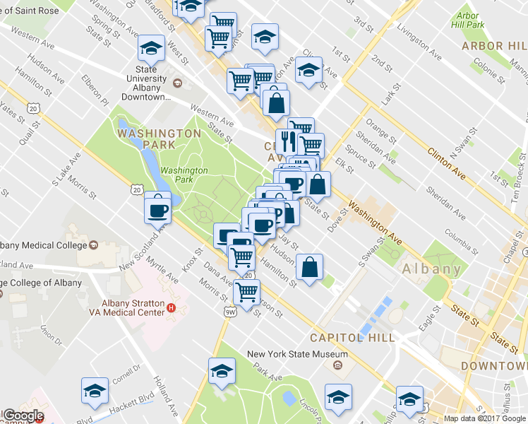 map of restaurants, bars, coffee shops, grocery stores, and more near 285 Lancaster Street in Albany
