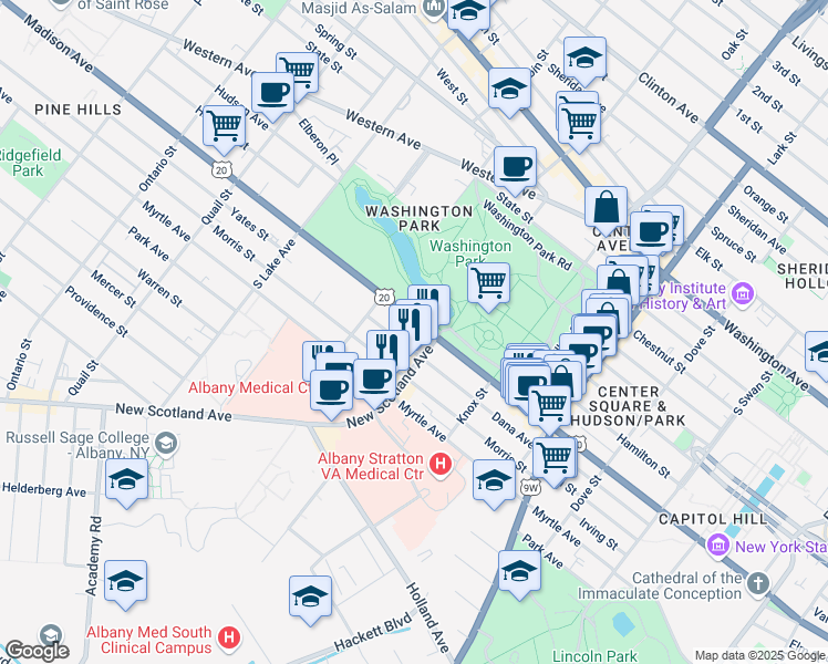map of restaurants, bars, coffee shops, grocery stores, and more near 584 U.S. 20 in Albany