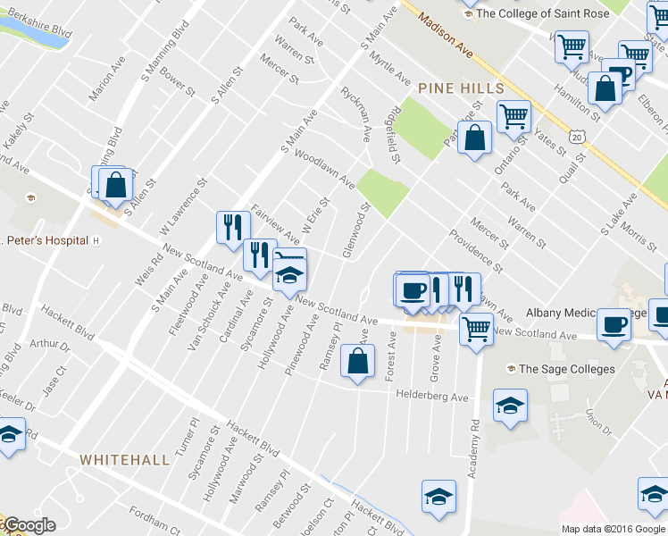 map of restaurants, bars, coffee shops, grocery stores, and more near 26 Parkwood Street in Albany