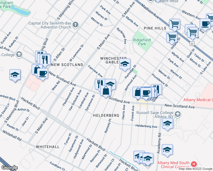 map of restaurants, bars, coffee shops, grocery stores, and more near 15 West Erie Street in Albany