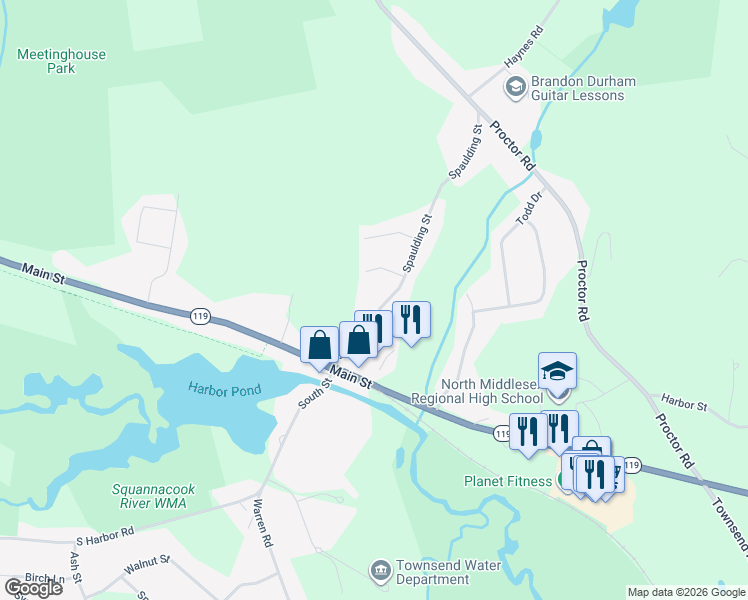 map of restaurants, bars, coffee shops, grocery stores, and more near 20 Spaulding Street in Townsend